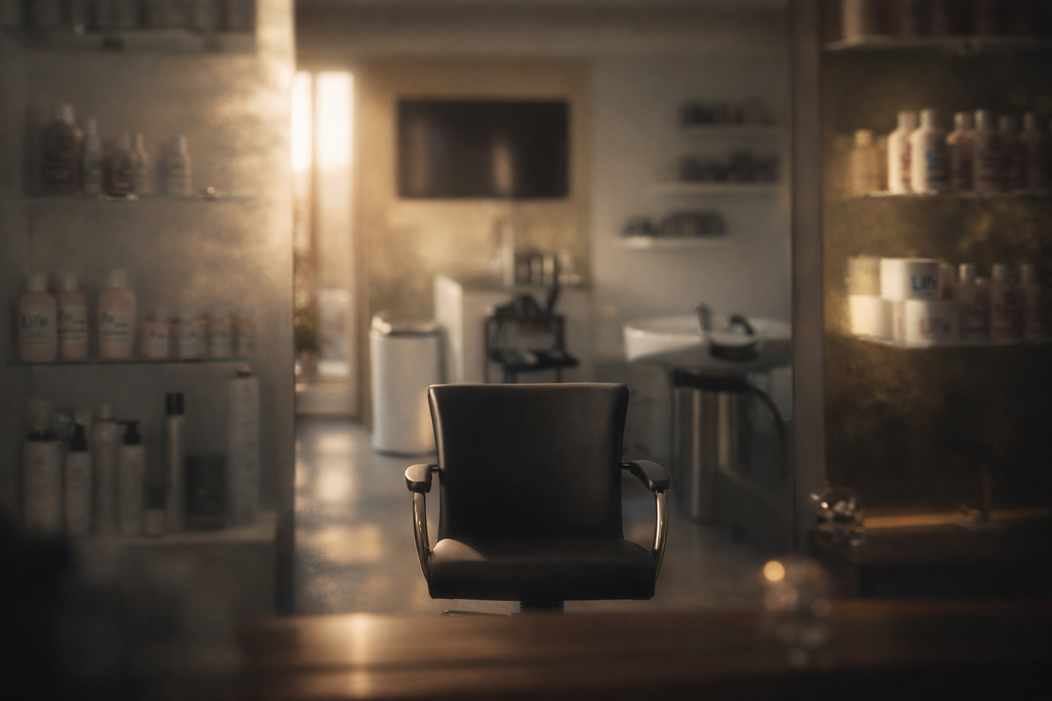 Empty black salon chair facing forward in a softly lit hair salon with shelves of hair care products in the background.