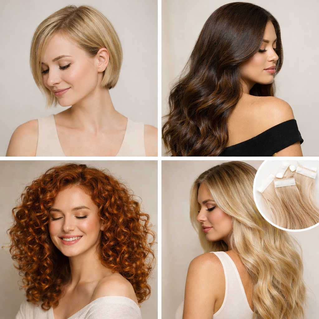 Collage of four women with different hairstyles: short blonde bob, long wavy brunette, curly red hair, and long wavy blonde hair with an inset showing blonde hair extensions.
